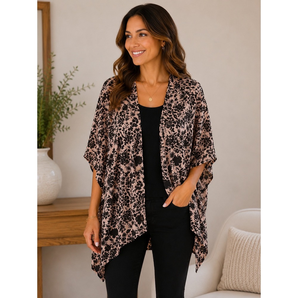 LOFT Outlet Womens Tan Black Floral Rayon Kimono Wrap Cardigan XS/S Open Front